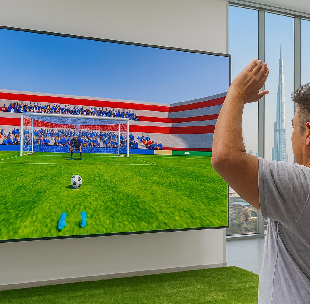 Guests playing a digital soccer penalty shootout game at an event, featuring real-time scoring, interactive gameplay, and customizable branding in the UAE